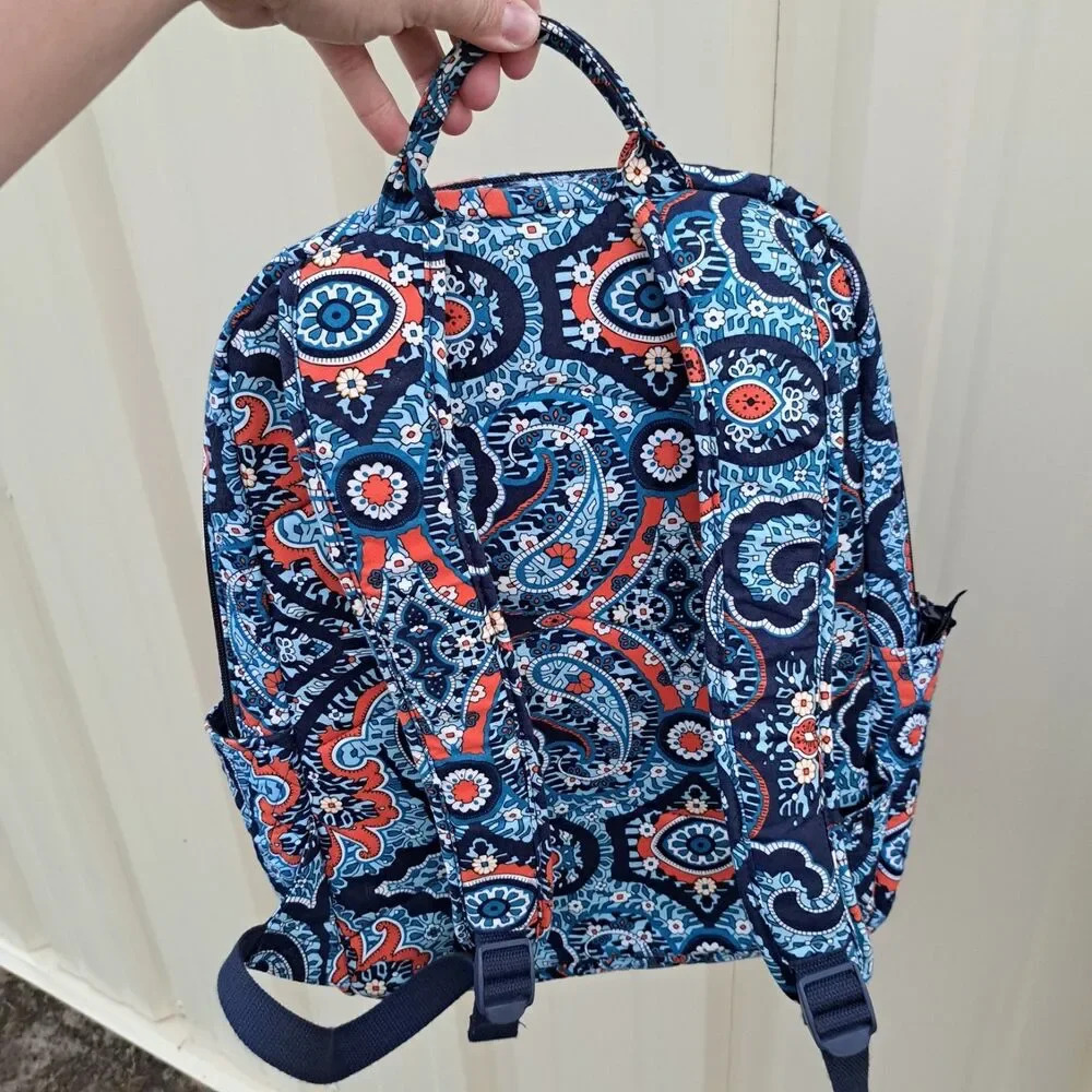 Vera Bradley Navy Blue Orange Vibrant Floral Paisley Quilted Backpack Bag VB